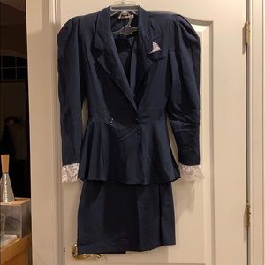 Vintage 80s Navy Blue Suit Jacket Skirt Lace